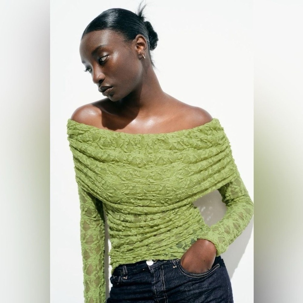 Zara Lime Green Off-the-Shoulder Lace Sweater
